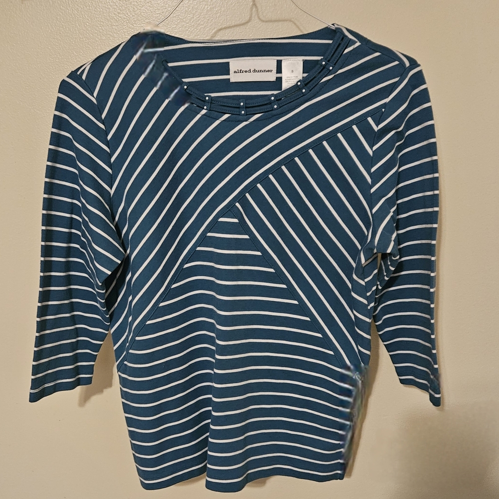 Alfred Dunner Teal and White Striped Blouse